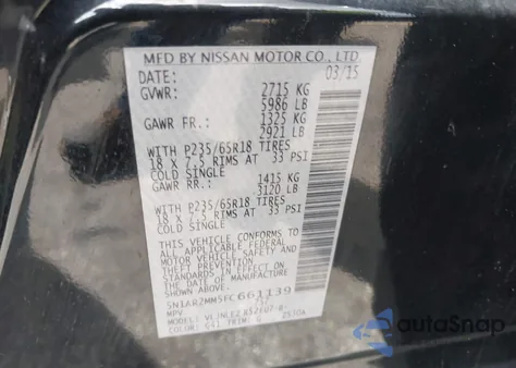 2015 Nissan Pathfinder Platinum/S/Sl/Sv из США, поврежденный, VIN 5N1AR2MM5FC661139